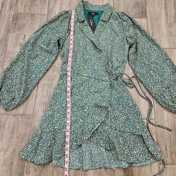 Lulus Dress Womens Size XS Totally Cute Time Green Floral Collared Wrap Mini NEW - Picture 4 of 15